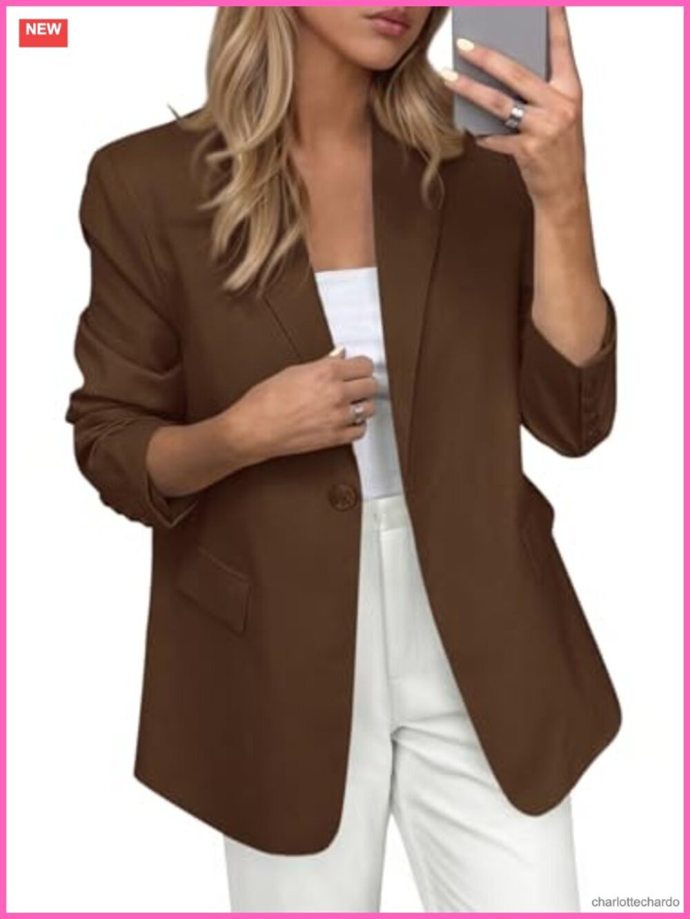 Women's Single Button Blazer Business Casual Open Front Suit Jacket